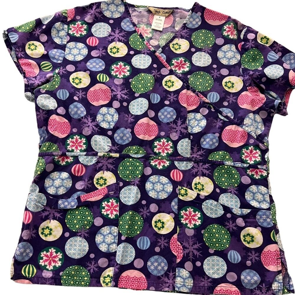 Comfy Cotton Womens Medium Scrub Top Purple Christmas Ornament Vintage Snow